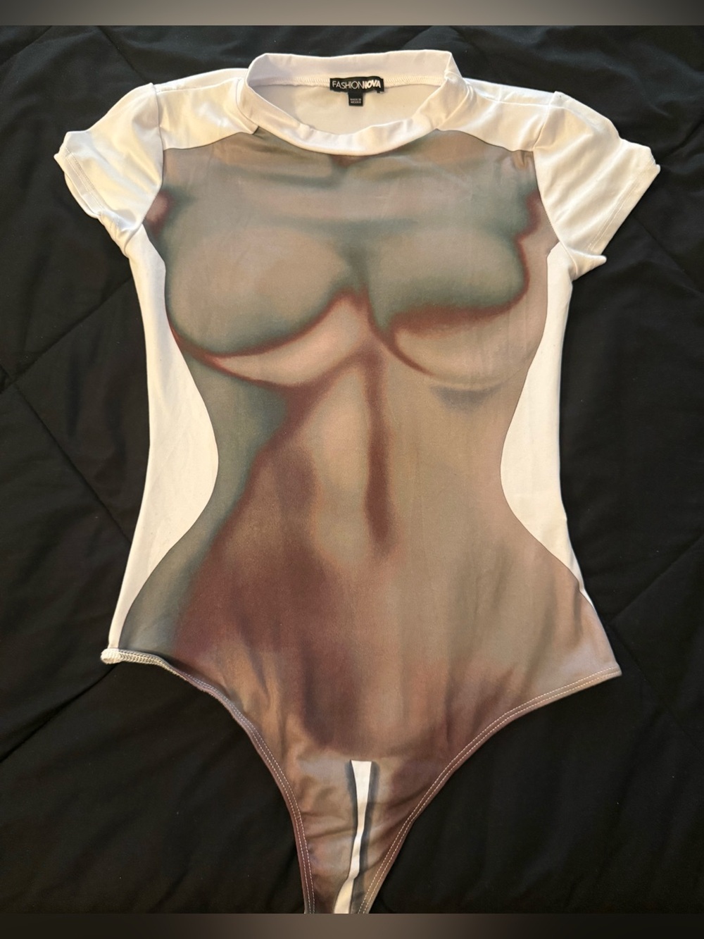 Fashion Nova White Bodysuit with Nude Torso Print